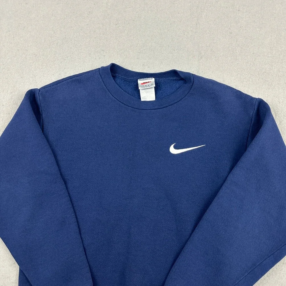Vintage Nike Sweatshirt Boys Large Blue Solid Pullover Baby Swoosh Crewneck 90s